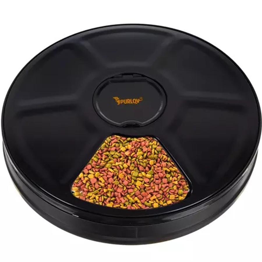 Automatický dávkovač krmiva pre domáce zvieratá s časovačom, digitálny displej, 6 komôr, čierny