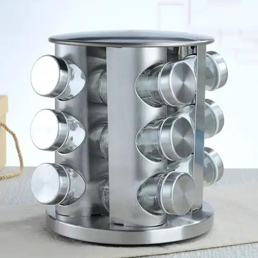 sada 12 sklenených stojanov na korenie s otočným kovovým stojanom z inoxu, okrúhly
