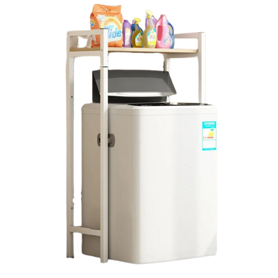 Elite Home® pevná kovová kúpeľňová polička s drevenou policou nad práčkou s horným plnením, biela - 120 cm