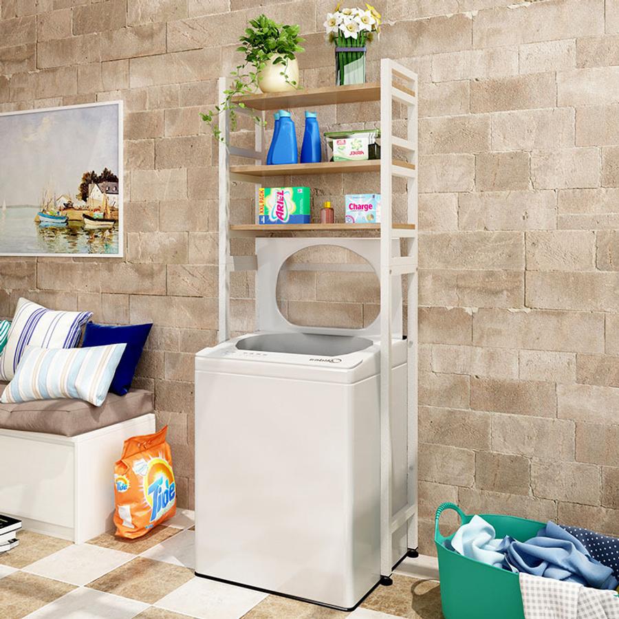 Elite Home® 3-poschodová kovová kúpeľňová polica s drevenými policami nad práčkou s horným plnením, biela - 182 cm