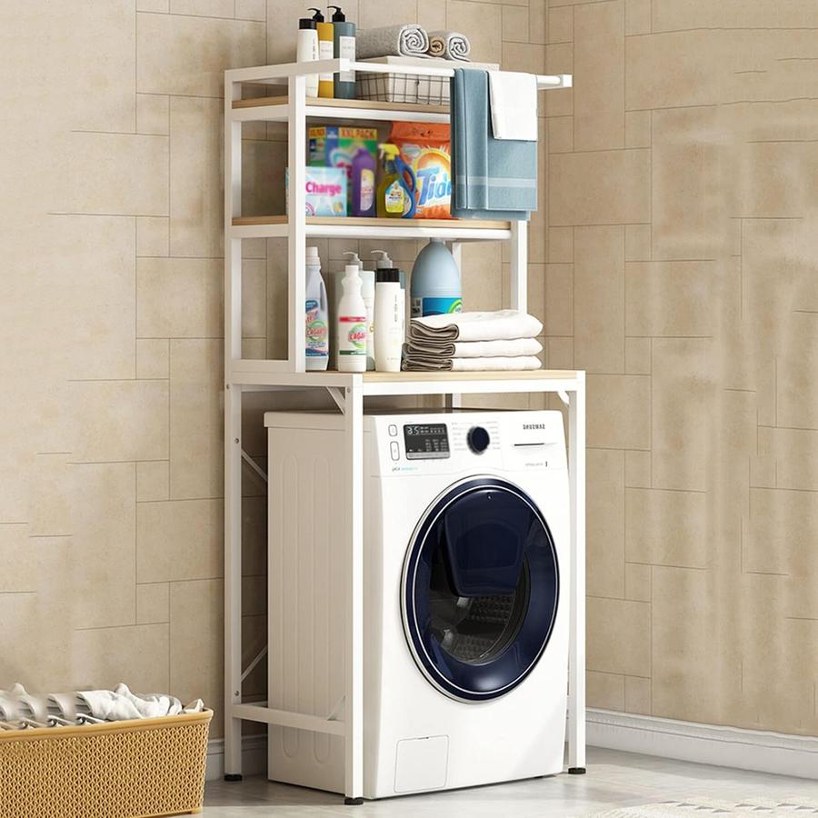 3-úrovňový pevný kovový kúpeľňový regálový systém s drevenými policami nad práčkou, biely - 175 cm