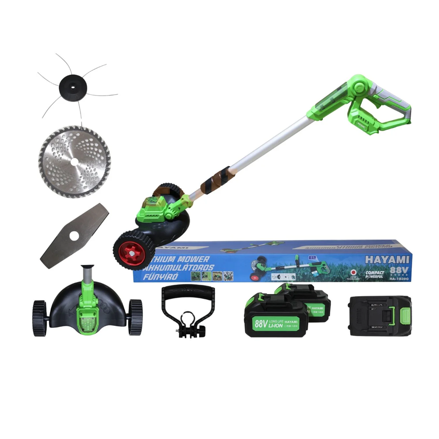 Krajový strihač/kosačka na trávu s teleskopickou rukoväťou, 2 batérie + kovový rezací nôž, rezací kotúč