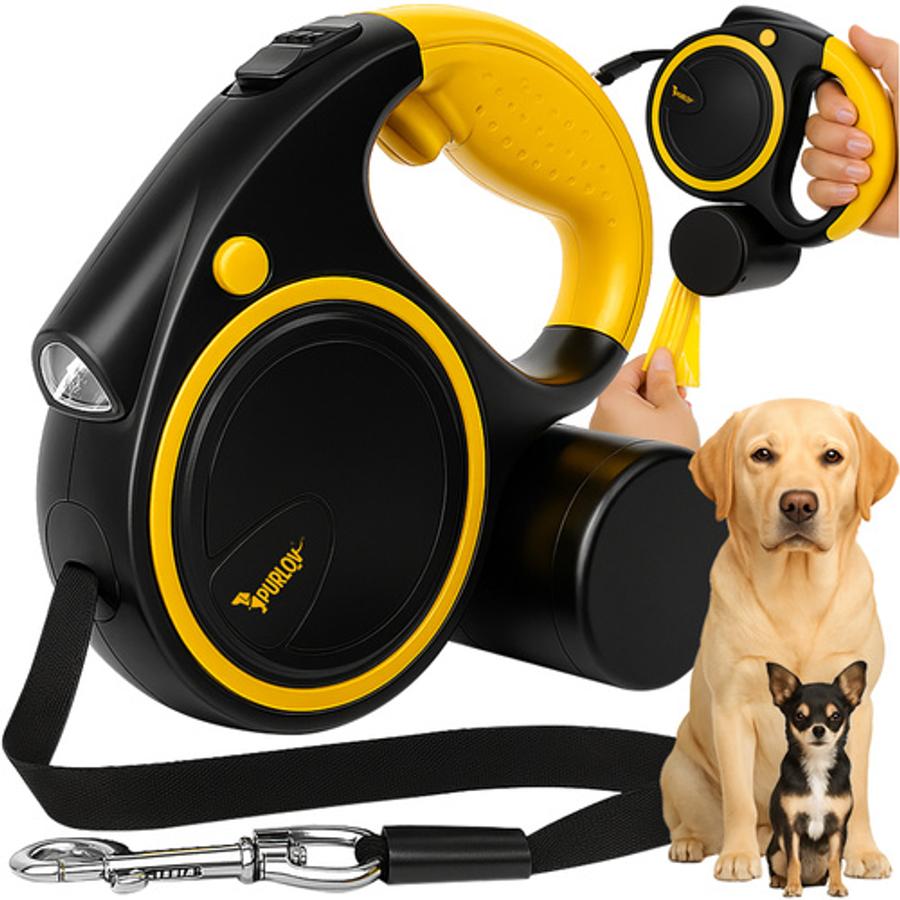 Automatická brzda na vodítku pre psov s hmotnosťou 10–25 kg, s LED baterkou, držiakom na vrecká, dĺžka 5 m