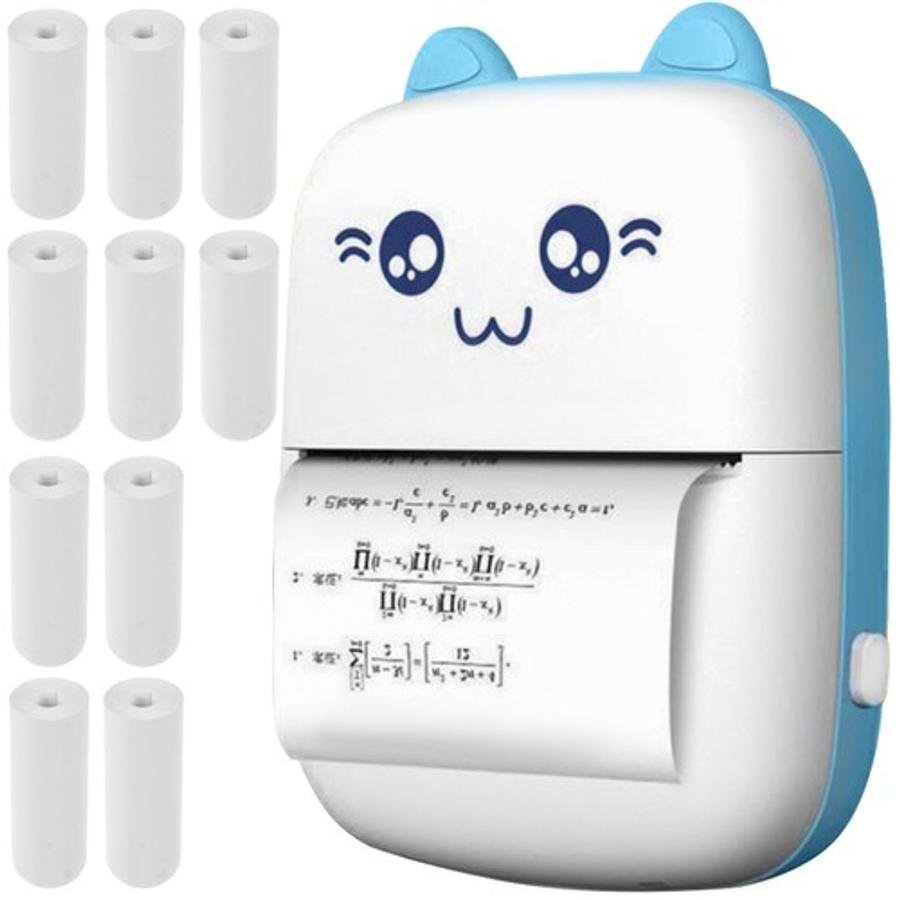 Mini termotlačiareň s rozhraním Bluetooth, pripojenie USB, 10+1 roliek papiera, potlač mačičiek, modrá a biela