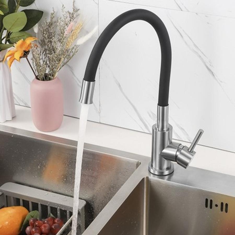 Závesná kuchynská batéria s čiernou flexibilnou výtokovou rúrkou, keramická vložka, saténová nerezová oceľ