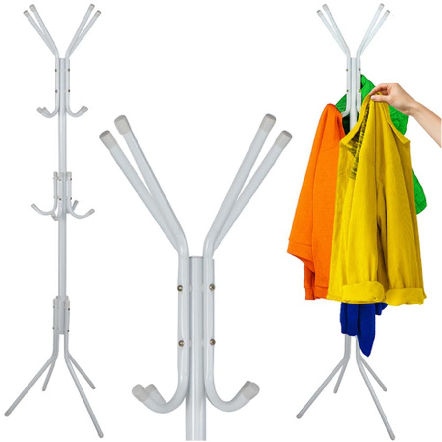 Vysoký stojan na oblečení do interiéru, na šaty a kabáty, s kovovou základnou, 3 řadami věšáků, 12 háčky, biela