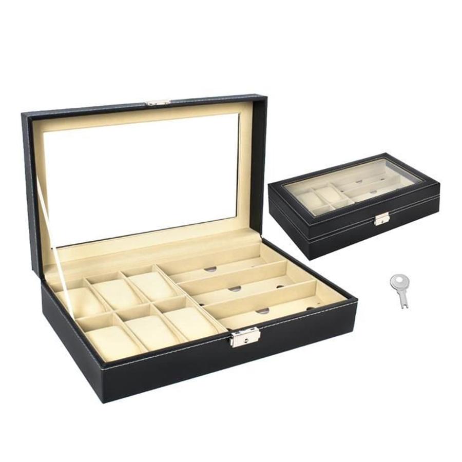 Elegantný úložný box na hodinky, okuliare, šperky, uzamykateľný, čierny